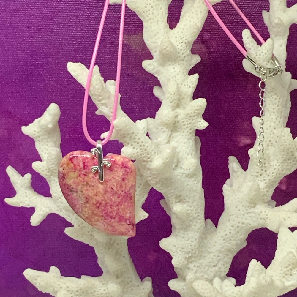 Handcrafted Peach Nipomo Coral Fossil Heart Agate Necklace on Waxed Cotton Cord